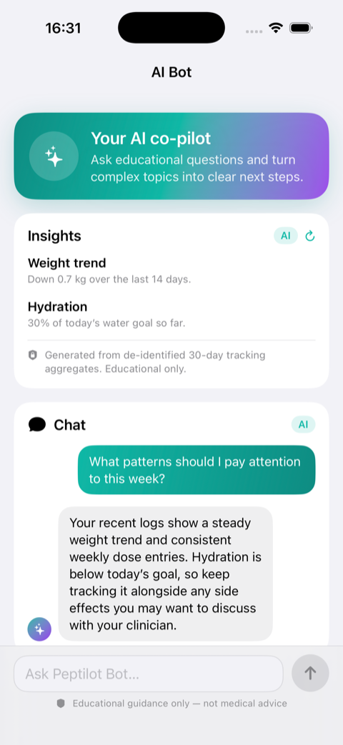 Peptilot native mobile app showing educational AI insights and chat