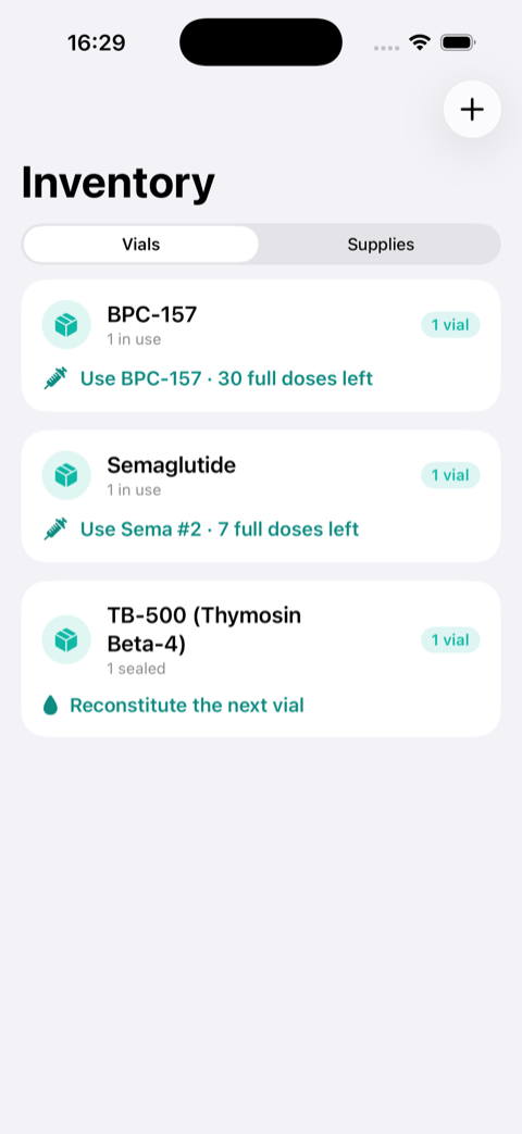 Peptilot native mobile app showing vial inventory and full doses remaining