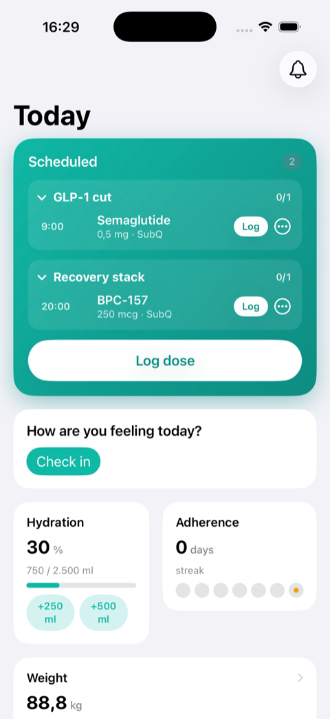 Peptilot native mobile app showing today’s scheduled doses and daily check-in